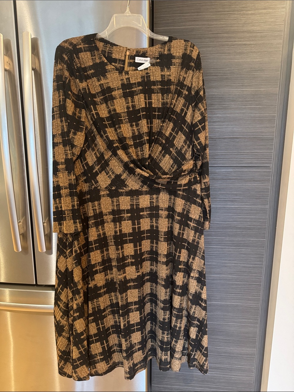 Calvin Klein Black and Brown Plaid Long Sleeve Twist-Front Dress PLUS SIZE